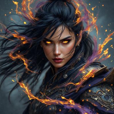 The primary subject of the image is a woman with long black hair, wearing a black outfit and a gold necklace. She has a fierce and intense expression on her face, with her eyes glowing red. The setting is a dark and dramatic environment, with flames and fire visible in the background. The visual style is a digital art or illustration, creating a striking and captivating image. The colors and mood are intense and dramatic, with the red eyes and the flames adding to the
